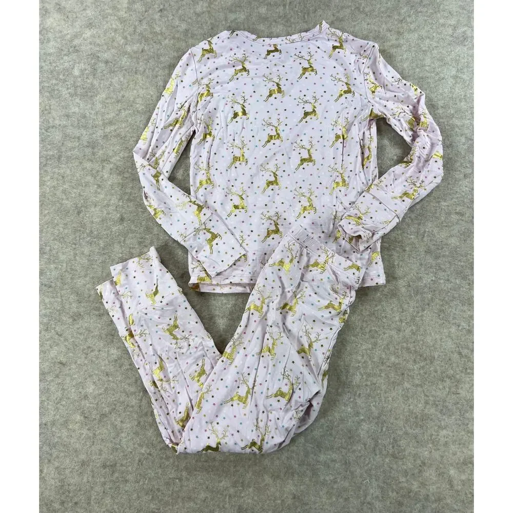 Posh Peanut Ryleigh Gold Foil Reindeer Bamboo Pajama Set Light Pink Size 5/6
